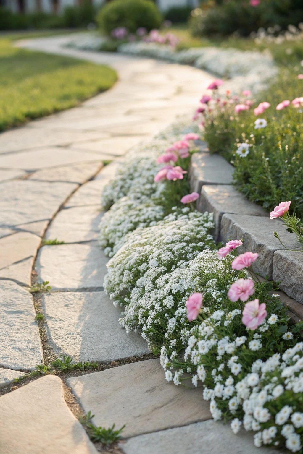 Charming border garden: simple blooms lining a stone walkway for a welcoming front yard.