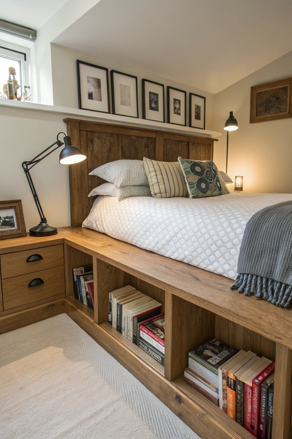 A built-in shelf acts as a headboard and offers streamlined, accessible storage.