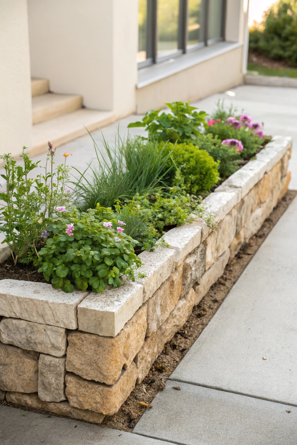 Charming mini raised bed: natural stone meets fresh greenery for a simple, stunning front yard accent.