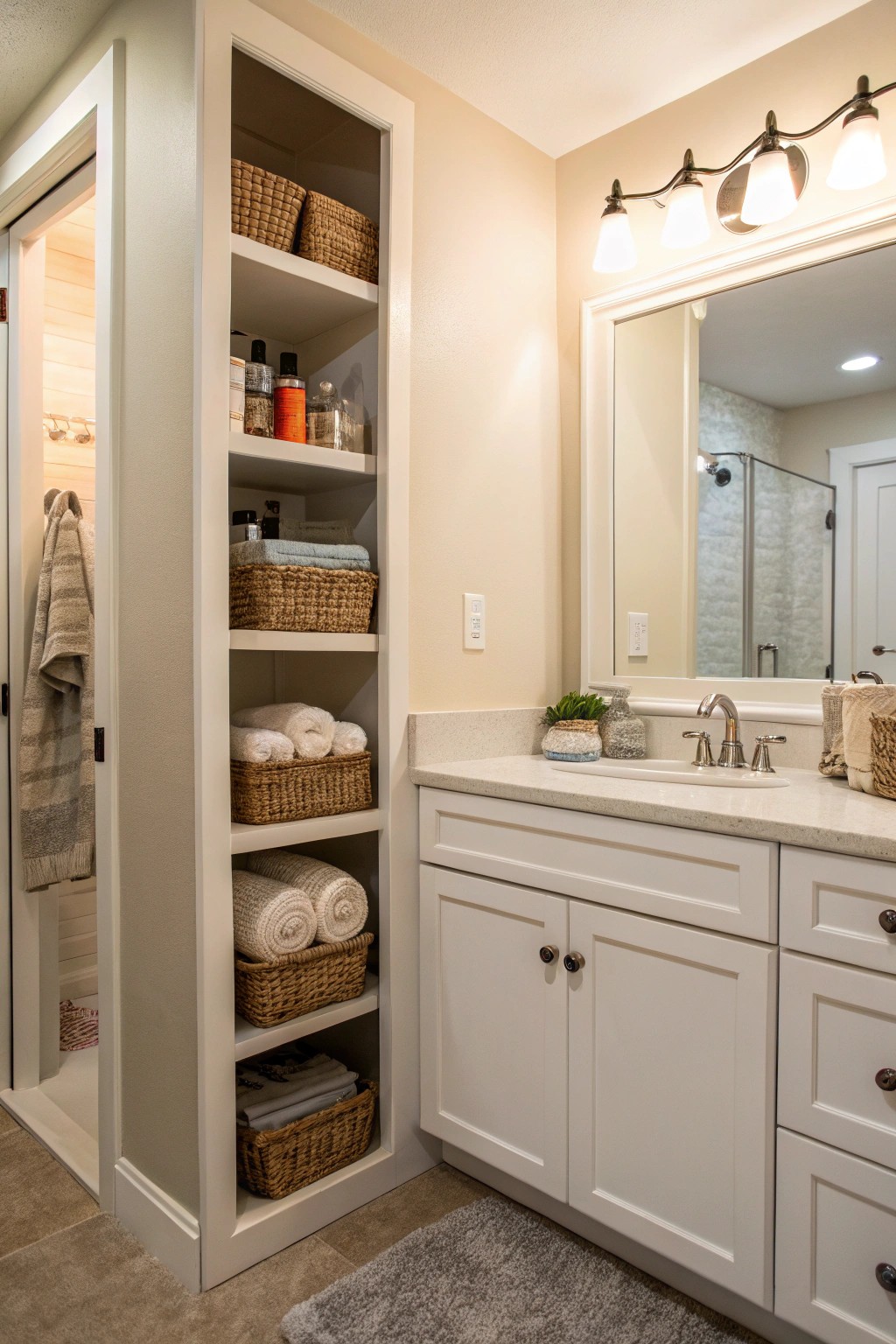 A tall storage cabinet maximizes vertical space without crowding the floor.