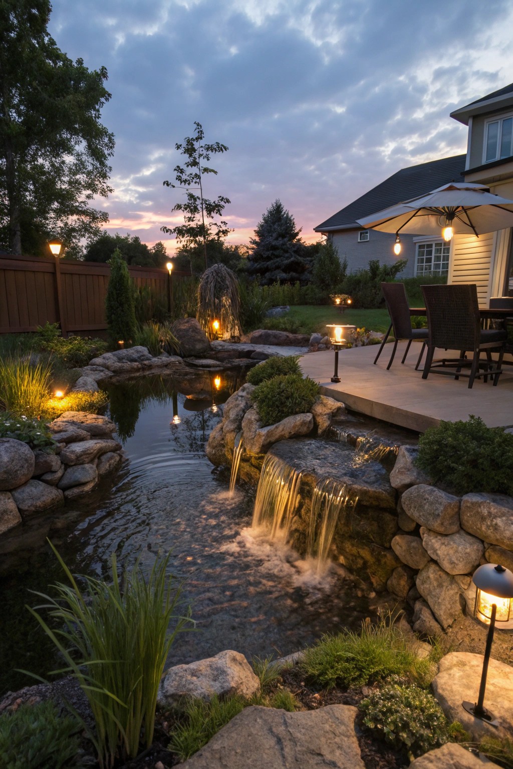 A glowing pond waterfall illuminated by subtle LED lights for night-time charm.