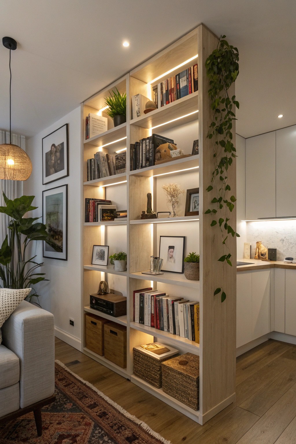 Vertical shelving offers ample storage and a striking sense of height.