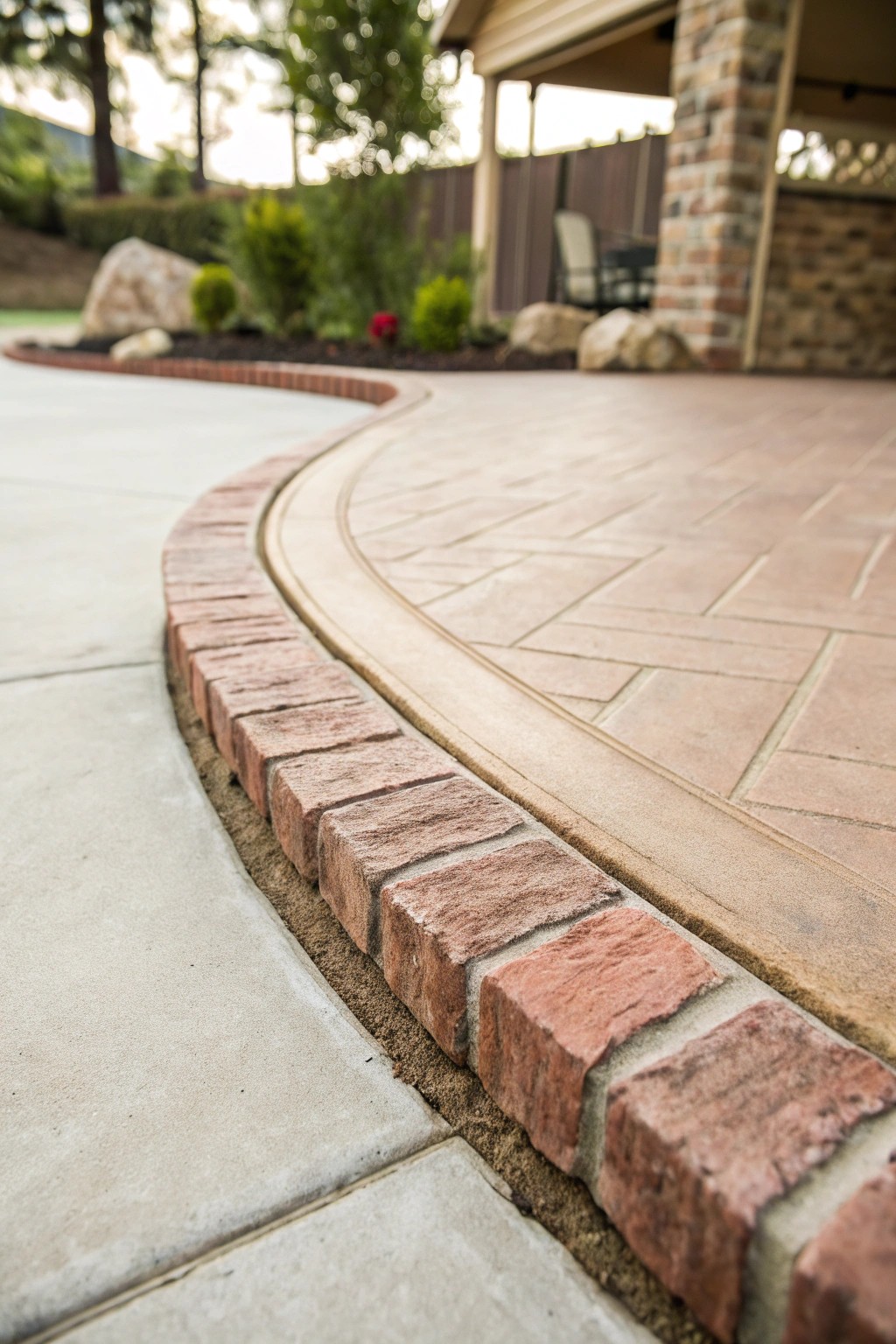 Elevate your patio with a timeless brick-style stamped border.