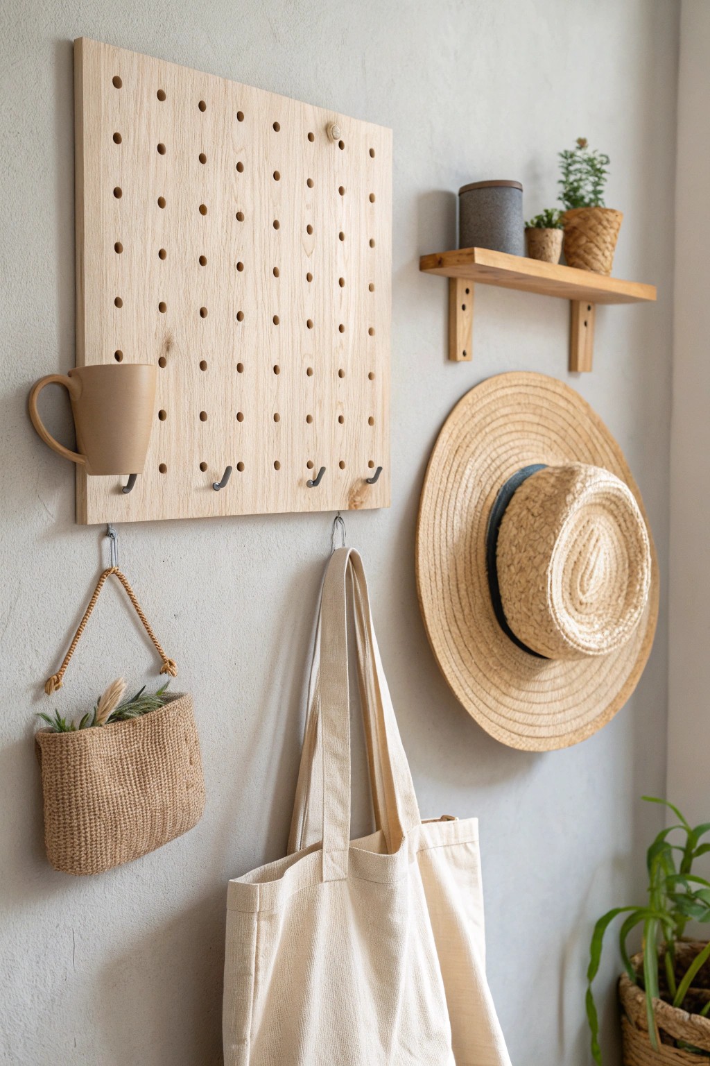 Effortless organization: a simple pegboard keeps essentials beautifully in reach.