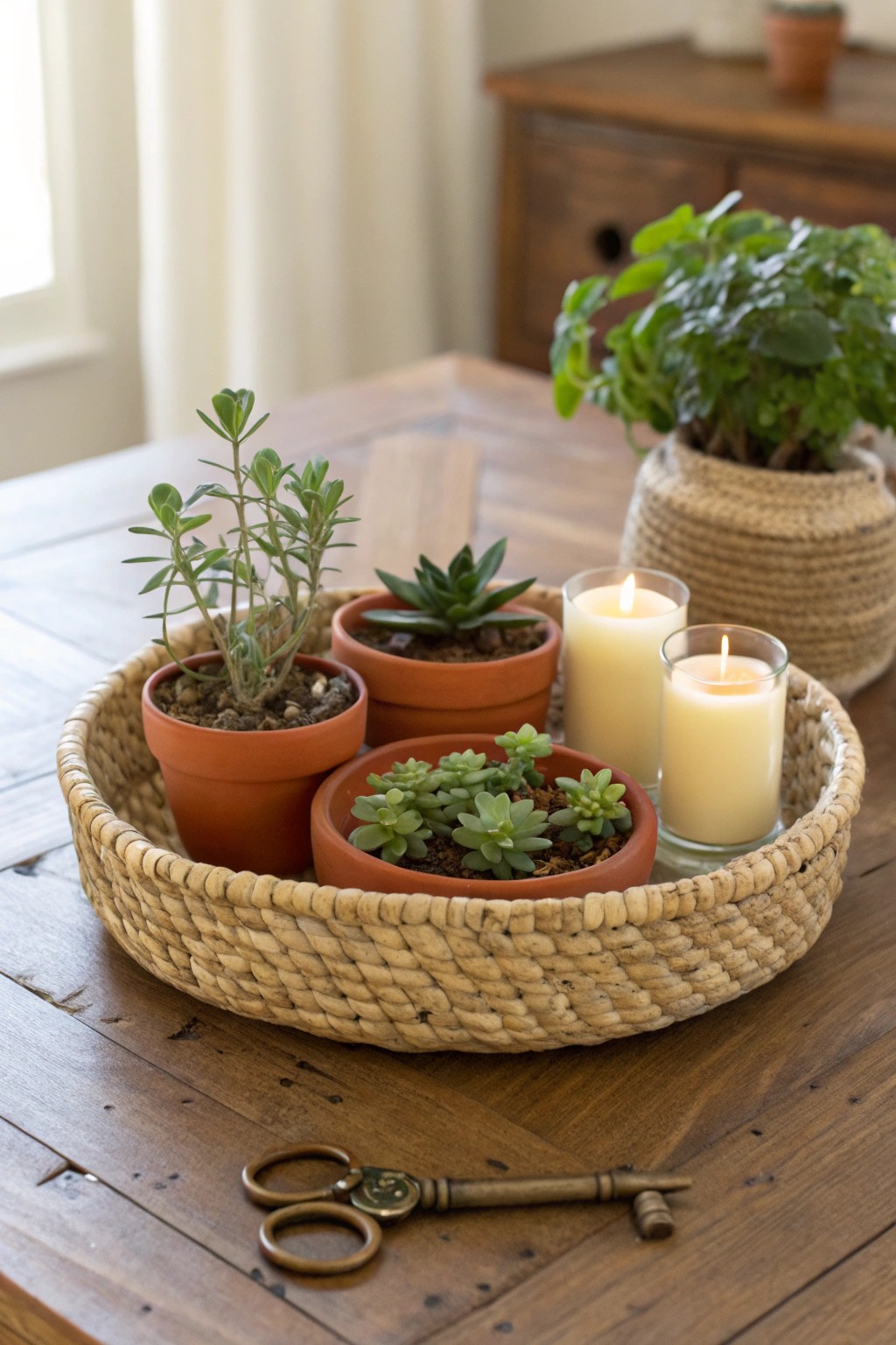 Bring natural charm to your table with a woven basket centerpiece filled with plants and vintage treasures.