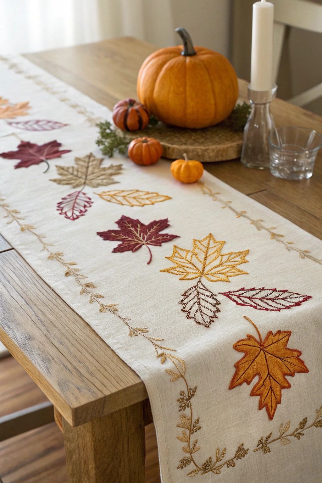 Celebrate autumn’s beauty with a handcrafted leaf motif table runner.