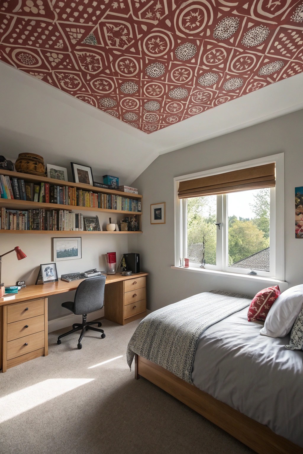 A striking ceiling design adds surprise and dimension overhead.