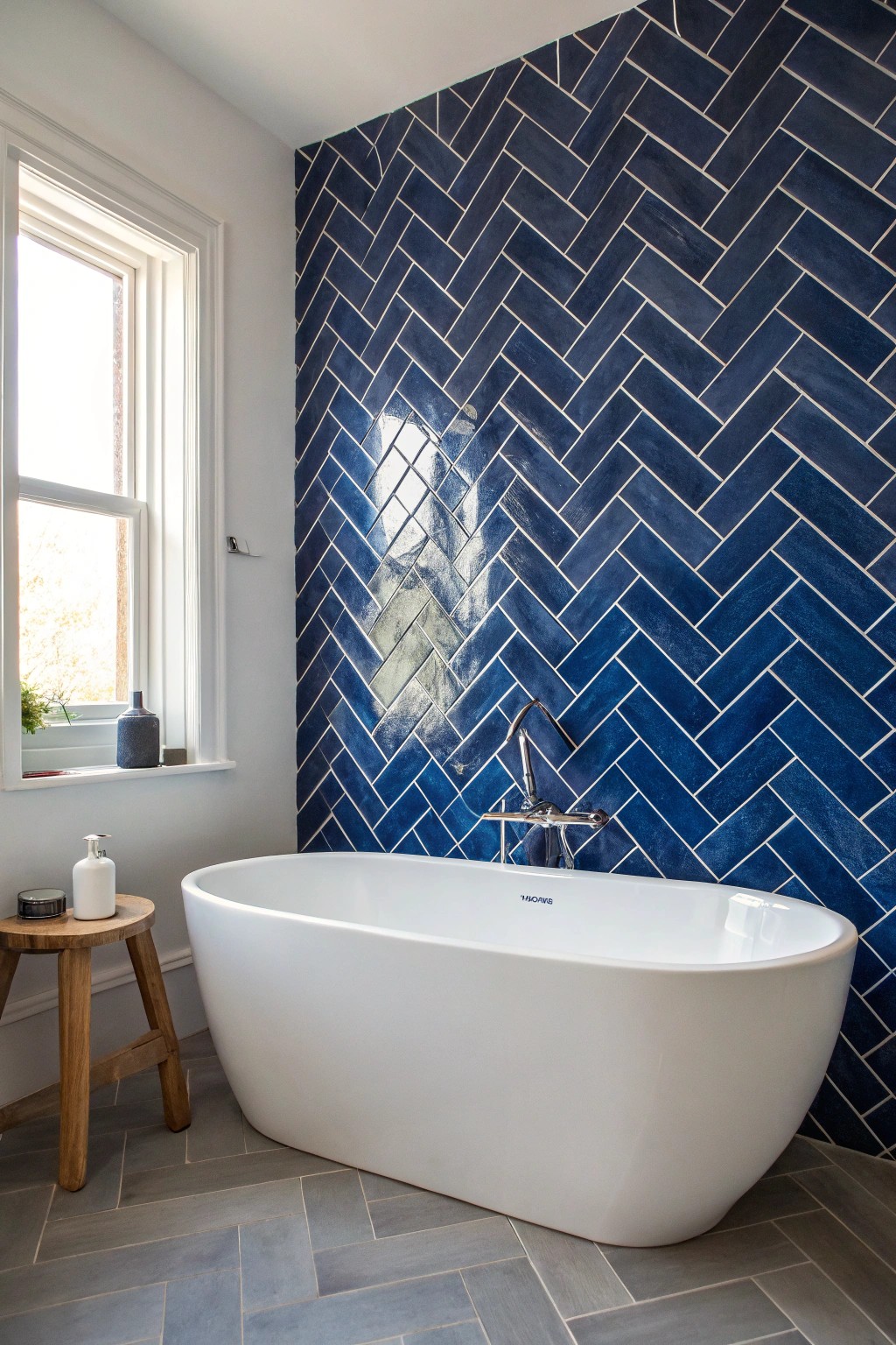 Make a bold statement: Let vivid herringbone tiles elevate your tub-shower space.