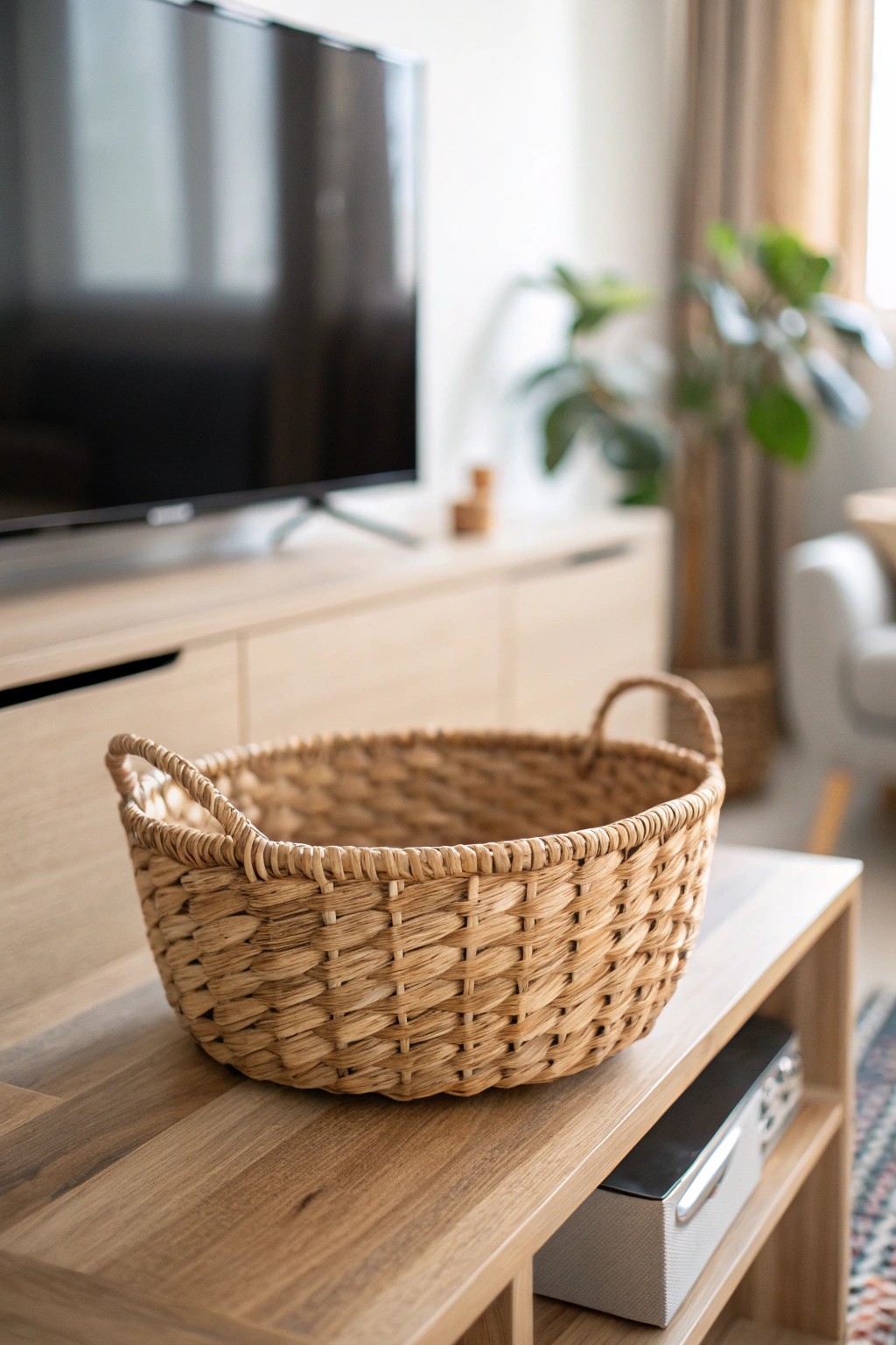 Hide clutter in style: A rattan basket adds natural charm to your TV stand.