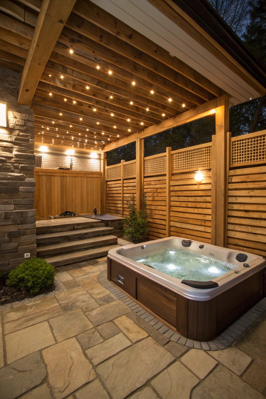 A spa-inspired hot tub hideaway under the deck brings ultimate relaxation to your backyard.