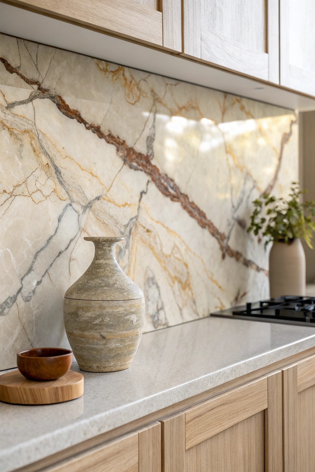Celebrate nature’s artistry with a raw stone slab backsplash—each piece is uniquely yours.