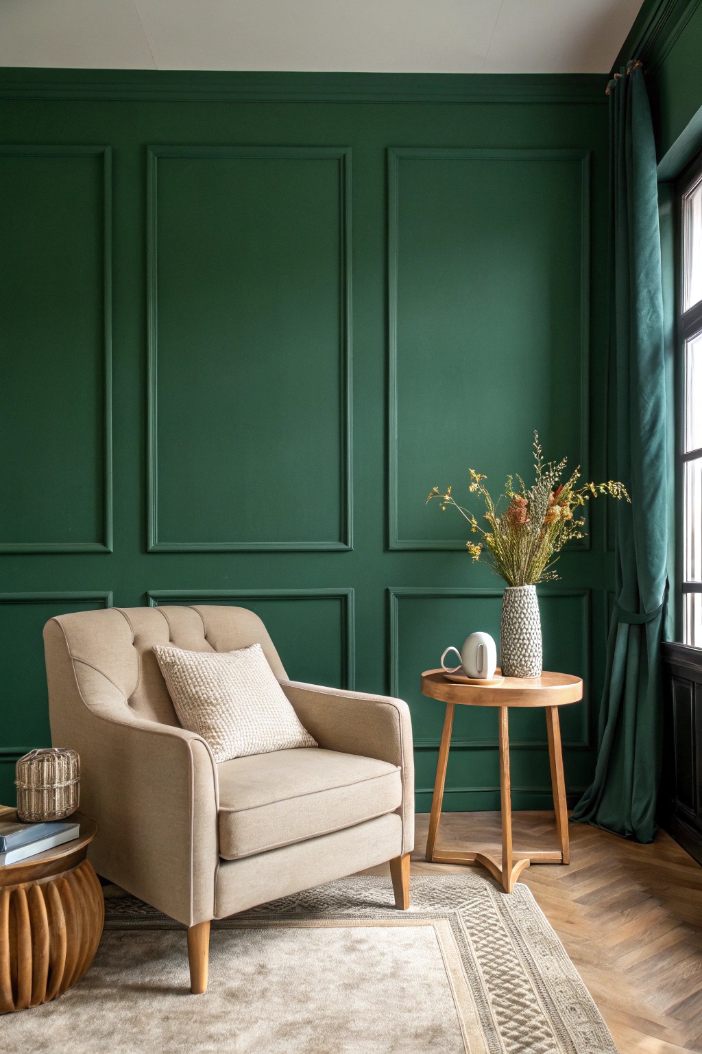 Make a statement with a deep green accent wall—simple, bold, and irresistibly cozy.
