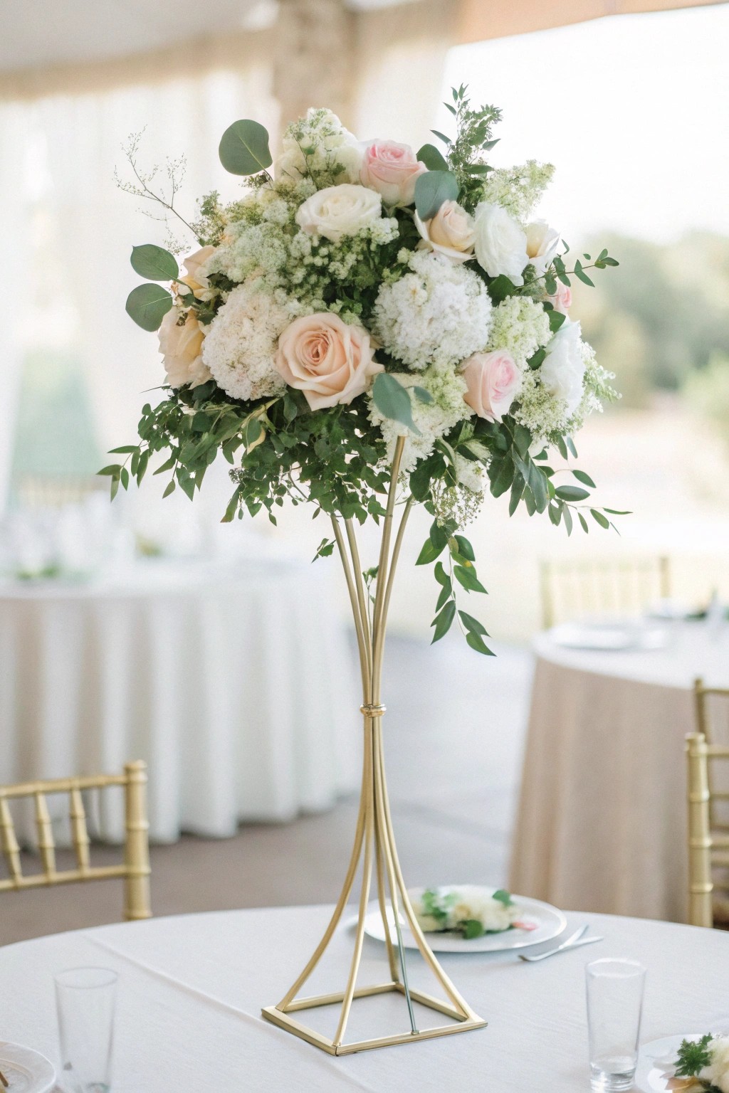 Elevate your reception with a stunning tall floral centerpiece—where elegance meets simplicity.
