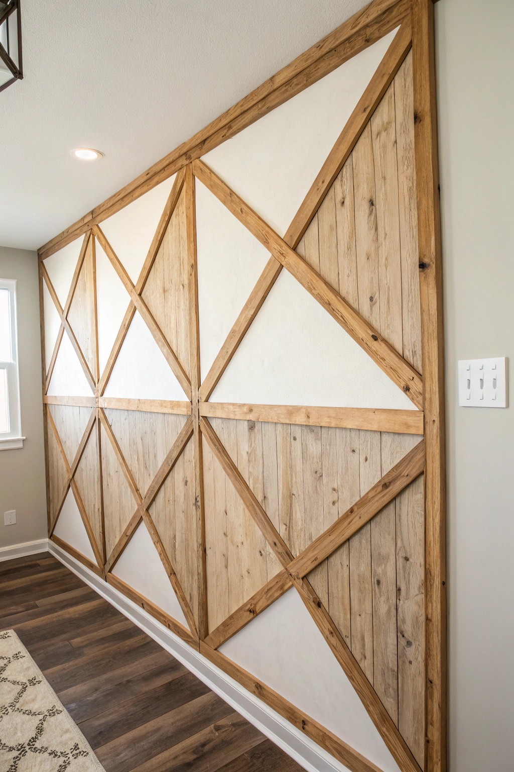 Elevate your space with a handcrafted geometric wood accent wall.