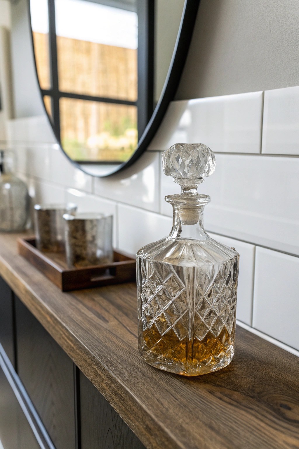 A mirrored backsplash transforms a simple bar into a luminous focal point.