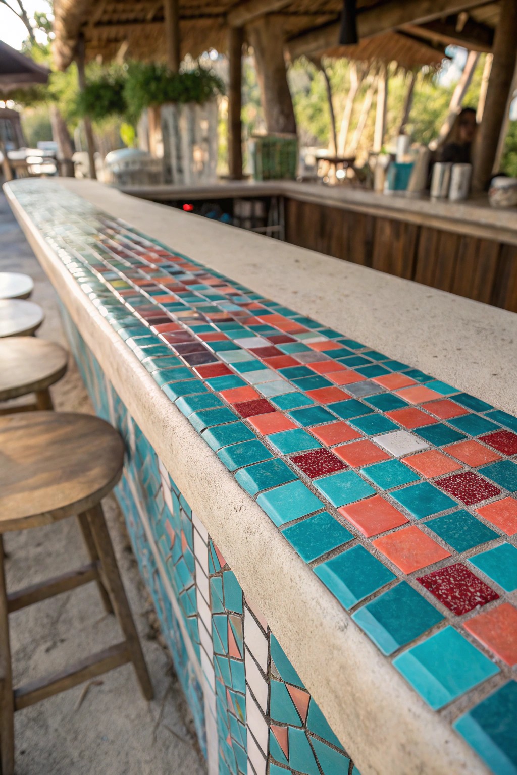 Bring paradise home with a handcrafted turquoise and coral mosaic bar top.