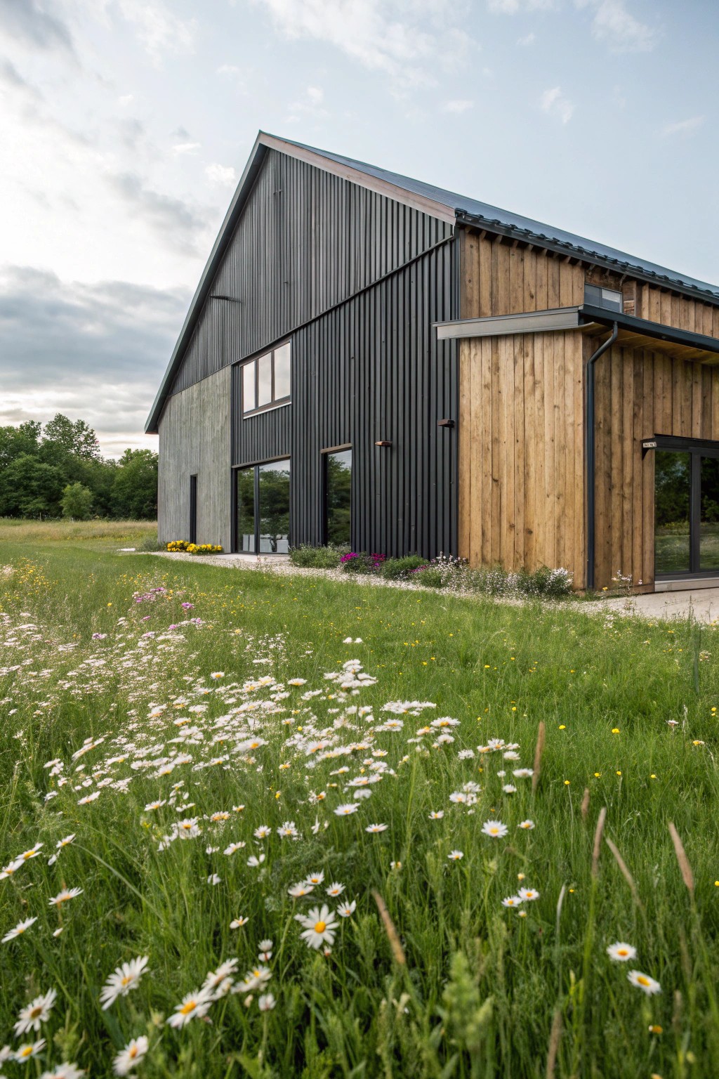 A two-toned barndominium exterior blending rustic wood and bold metal for dramatic style.
