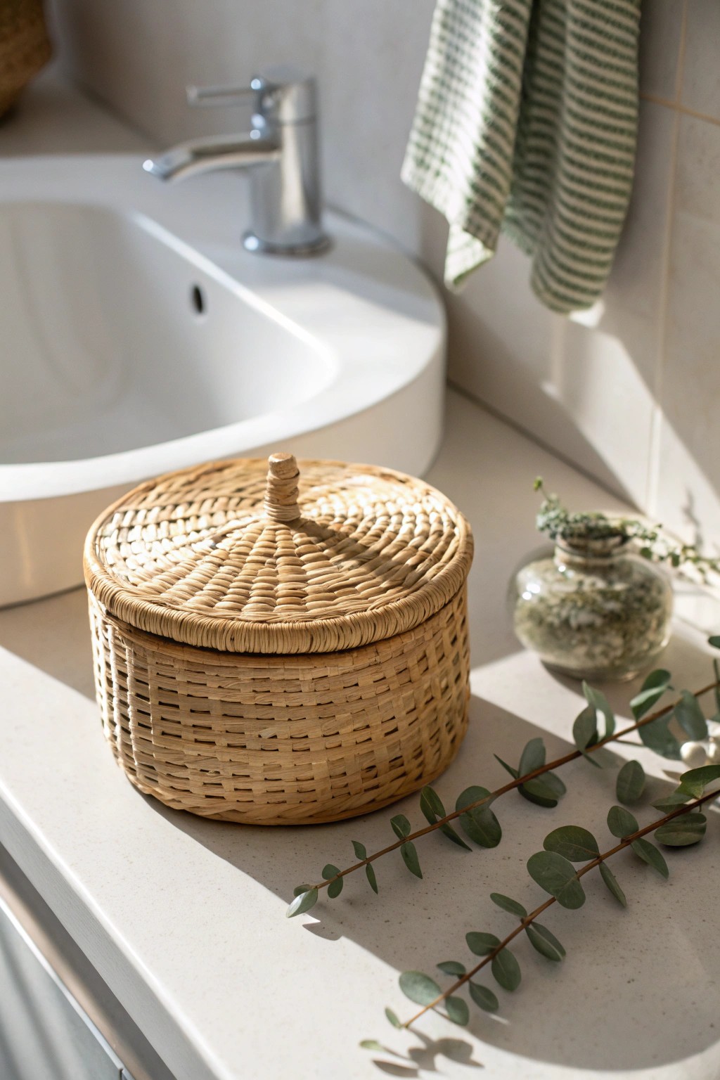 Keep your vanity serene with a beautifully crafted lidded basket.
