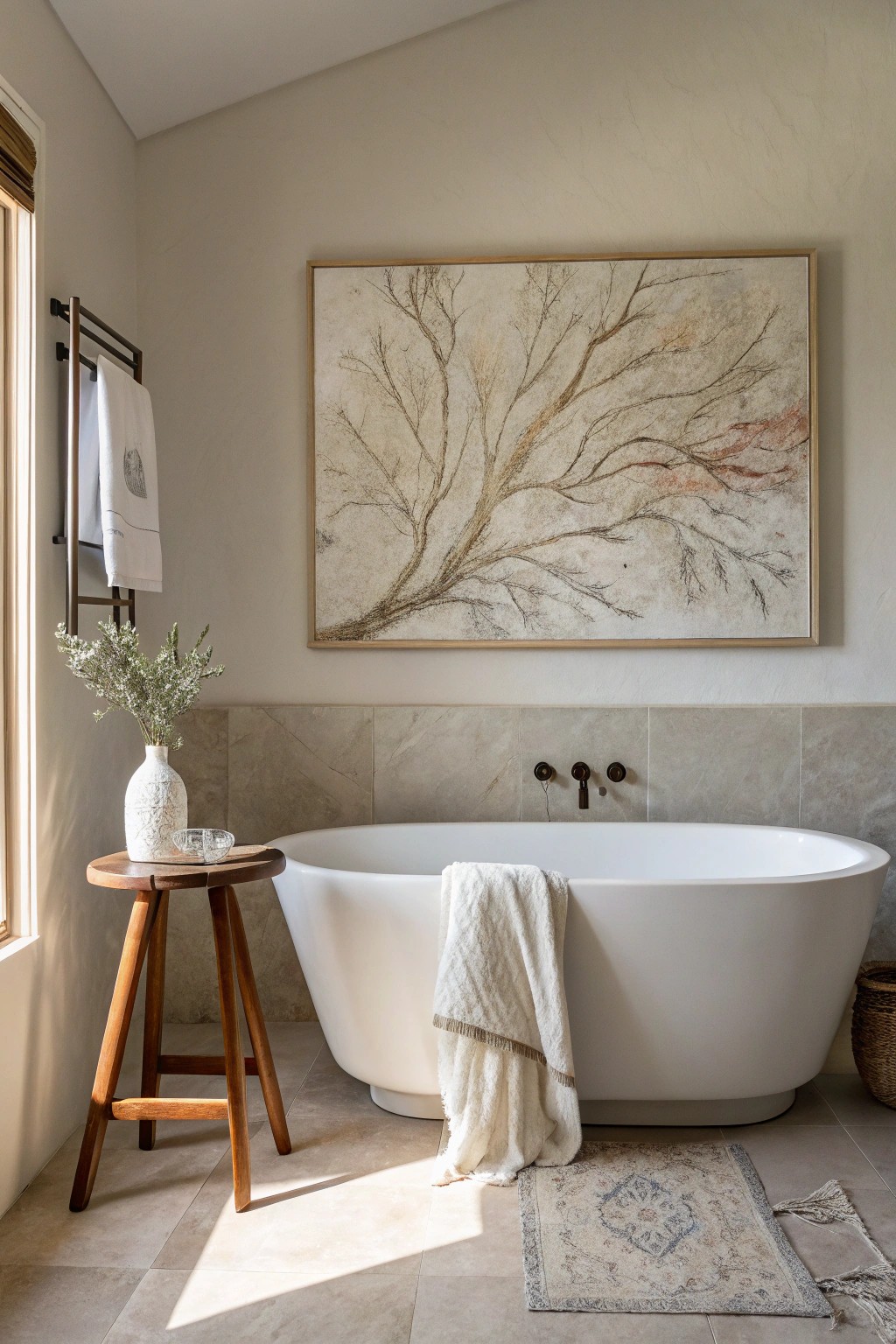 Elevate your bathroom sanctuary with an oversized statement art piece.