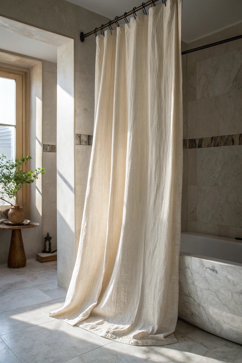 Elevate your bathroom with floor-to-ceiling linen curtains for timeless luxury.