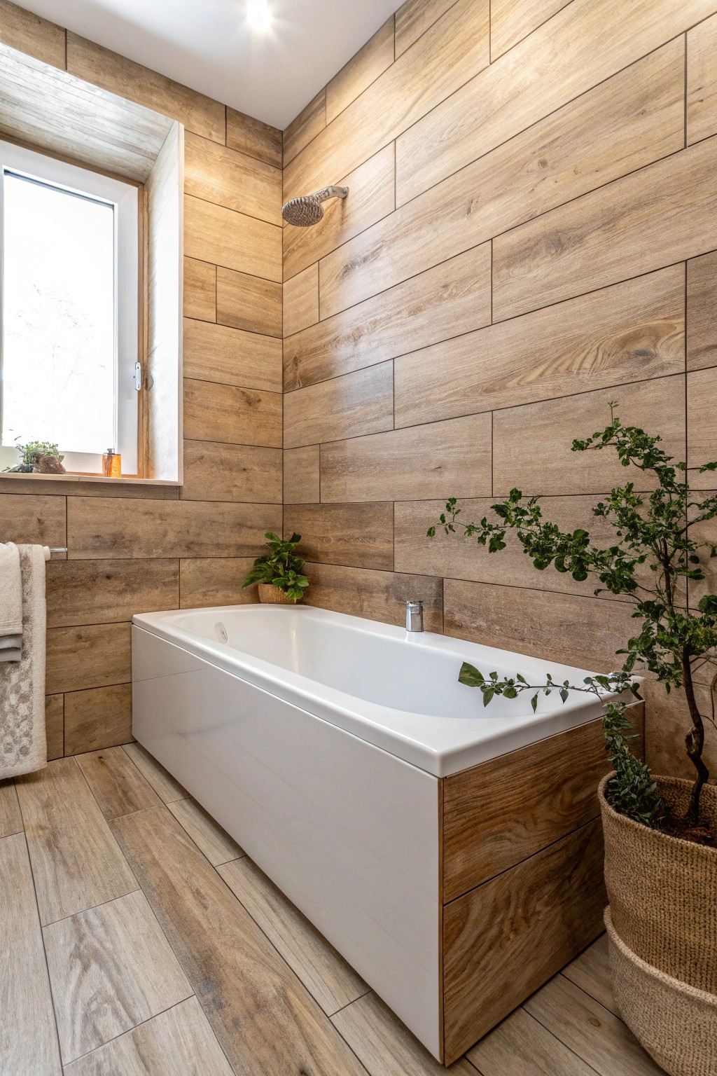 Bring cozy warmth to your bath with wood-look porcelain tiles—nature-inspired elegance, no upkeep required.