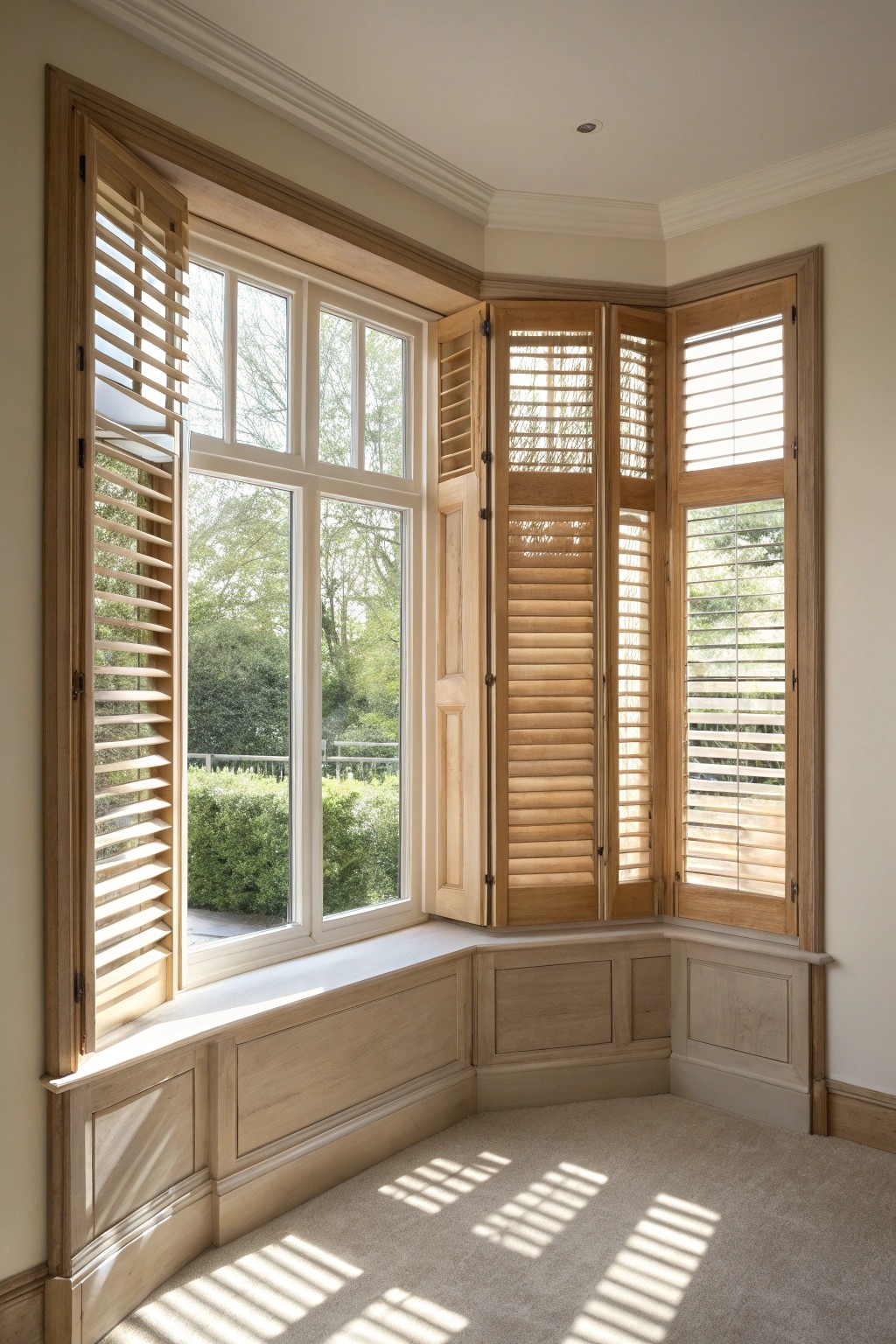 Elevate your bay window with custom shutters—where craftsmanship meets natural beauty.
