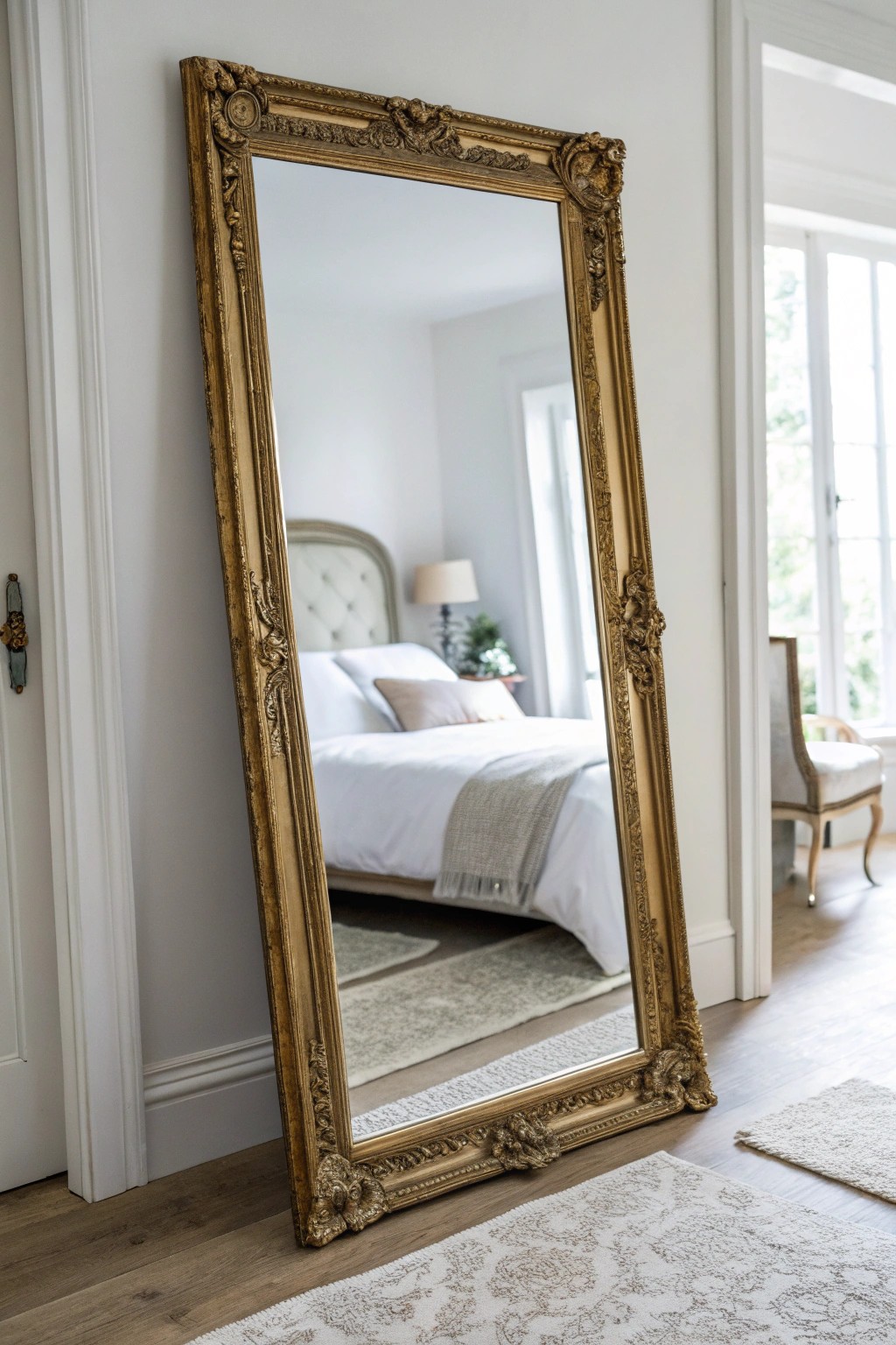 A vintage mirror brings timeless character to a modern bedroom.