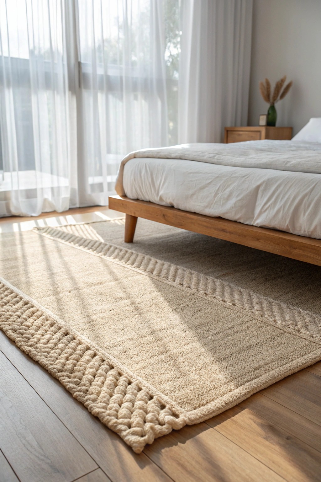 Define your bedroom zones with a beautiful natural rug for effortless structure and comfort.