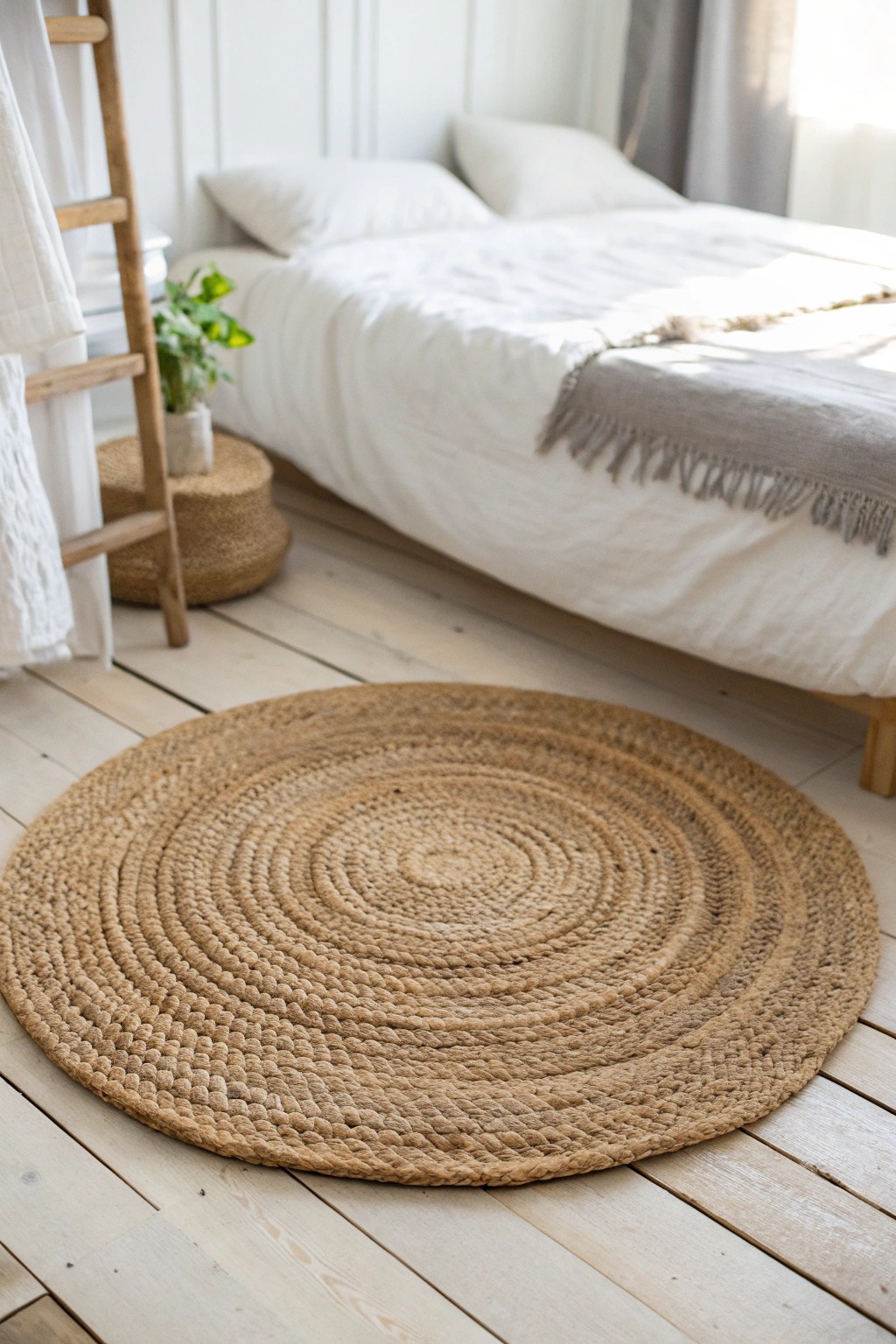 Elevate your bedroom with the natural charm of a handcrafted jute rug.