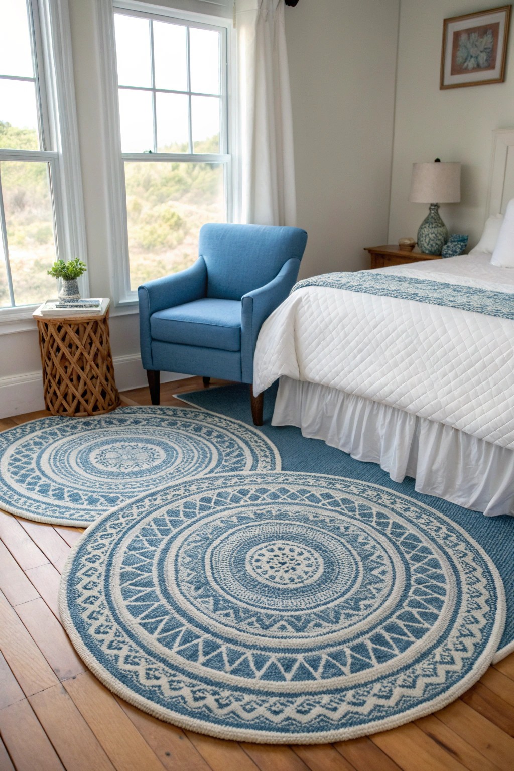 Layered blue rugs add texture and reinforce the room’s color story.