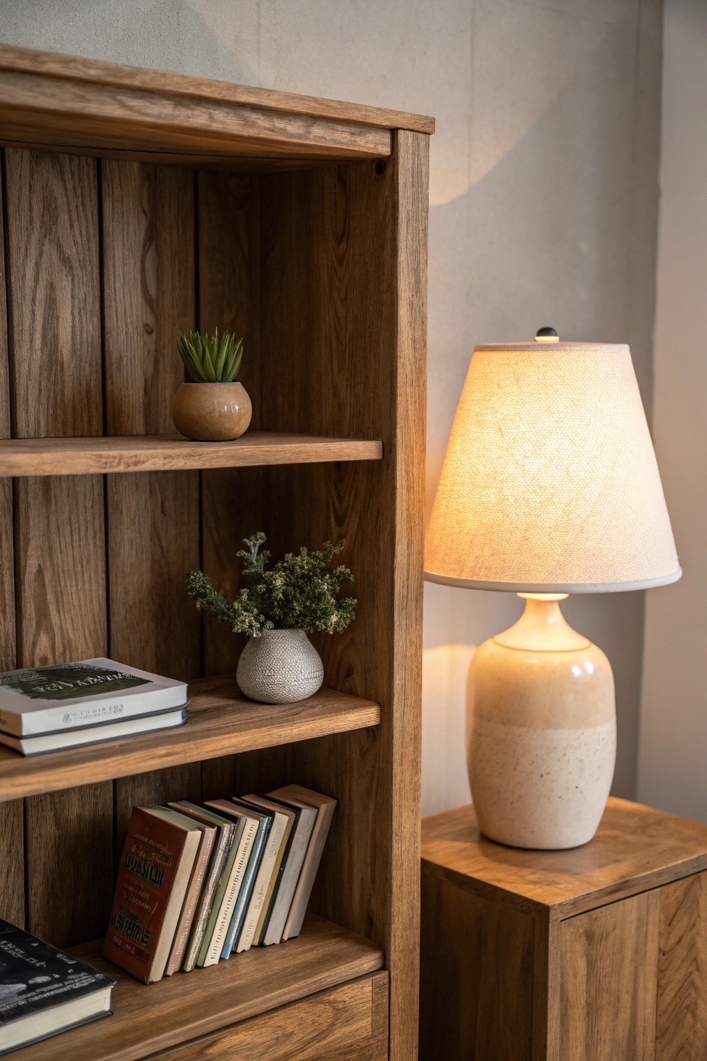 A petite lamp casting a cozy glow—effortless bookshelf elegance.