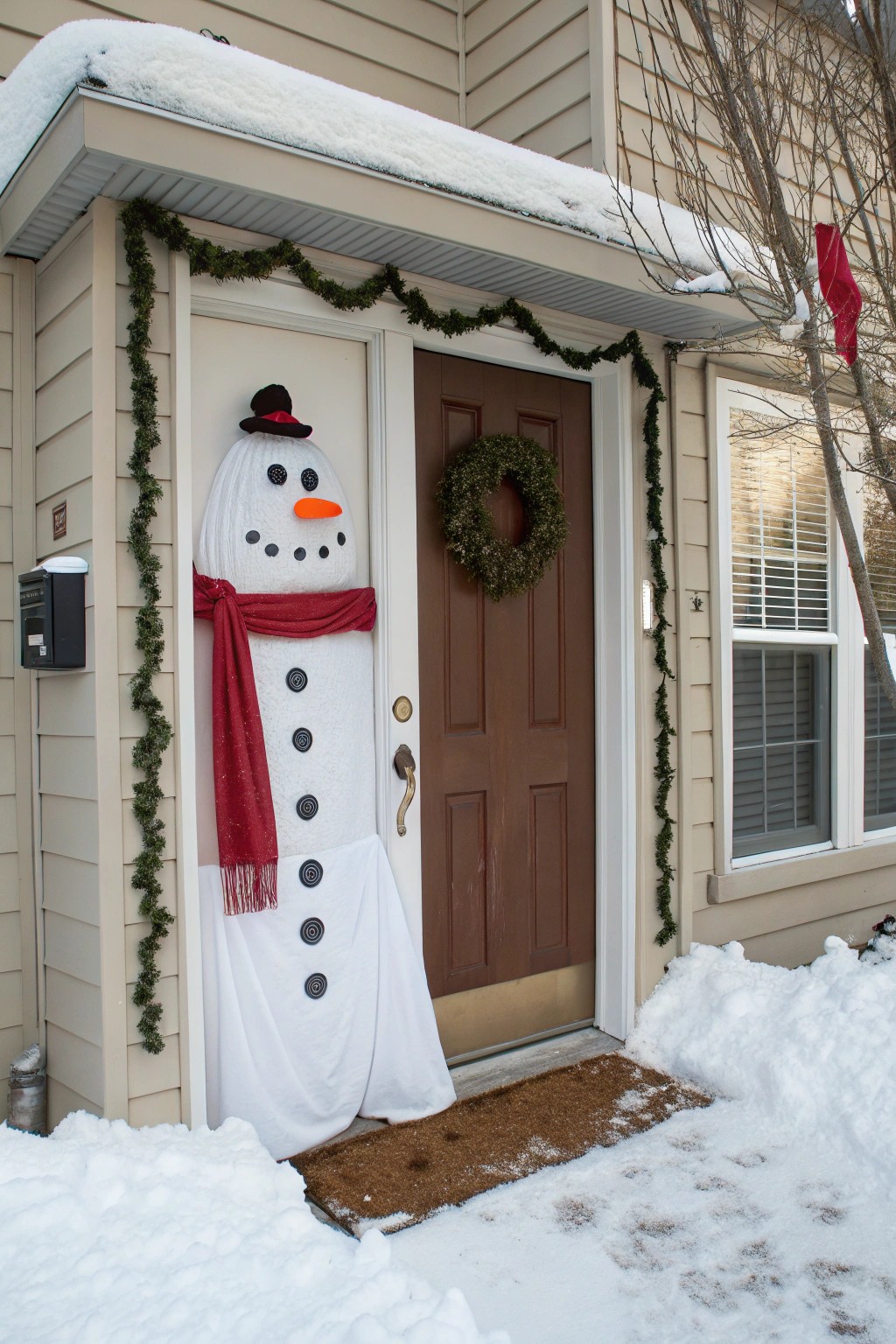 Turn your door into a giant snowman for a playful winter twist.