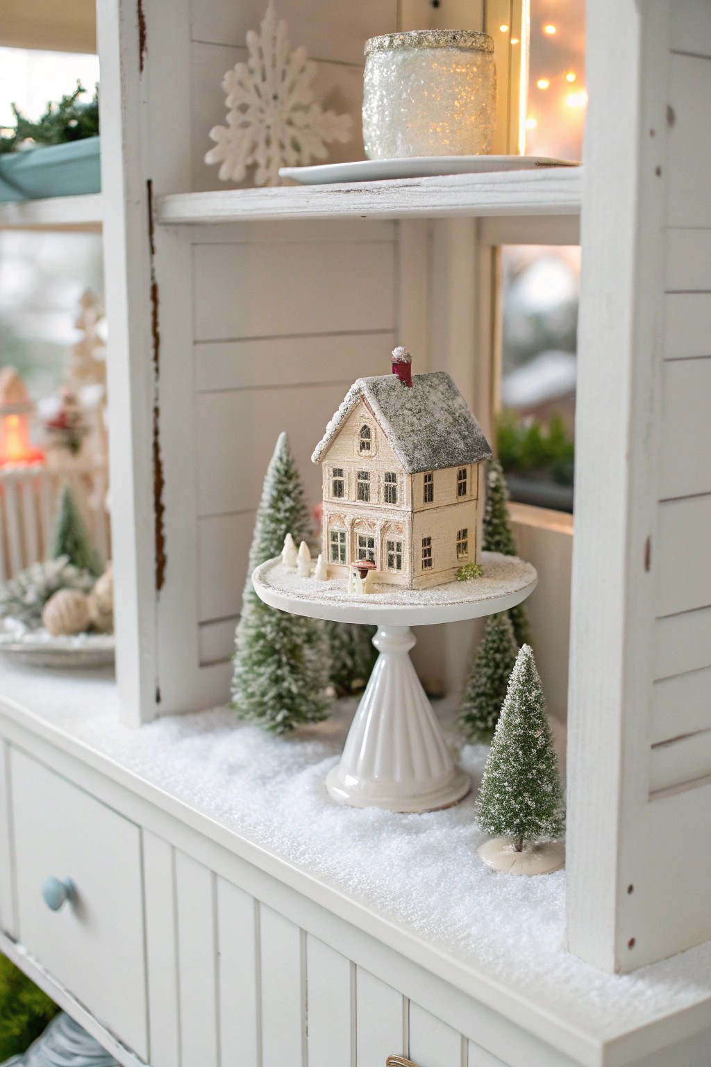 A handcrafted Christmas village house takes center stage in a cozy, layered hutch display.