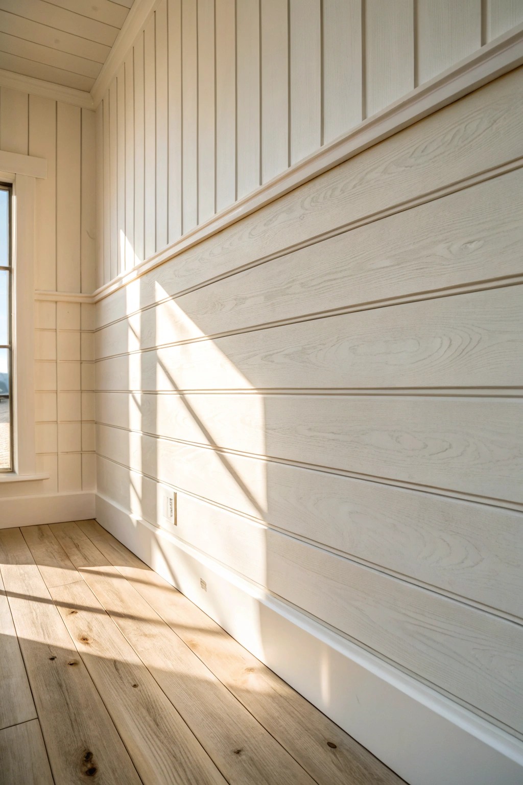 Coastal charm made simple: sunlit shiplap for serene bathroom style.