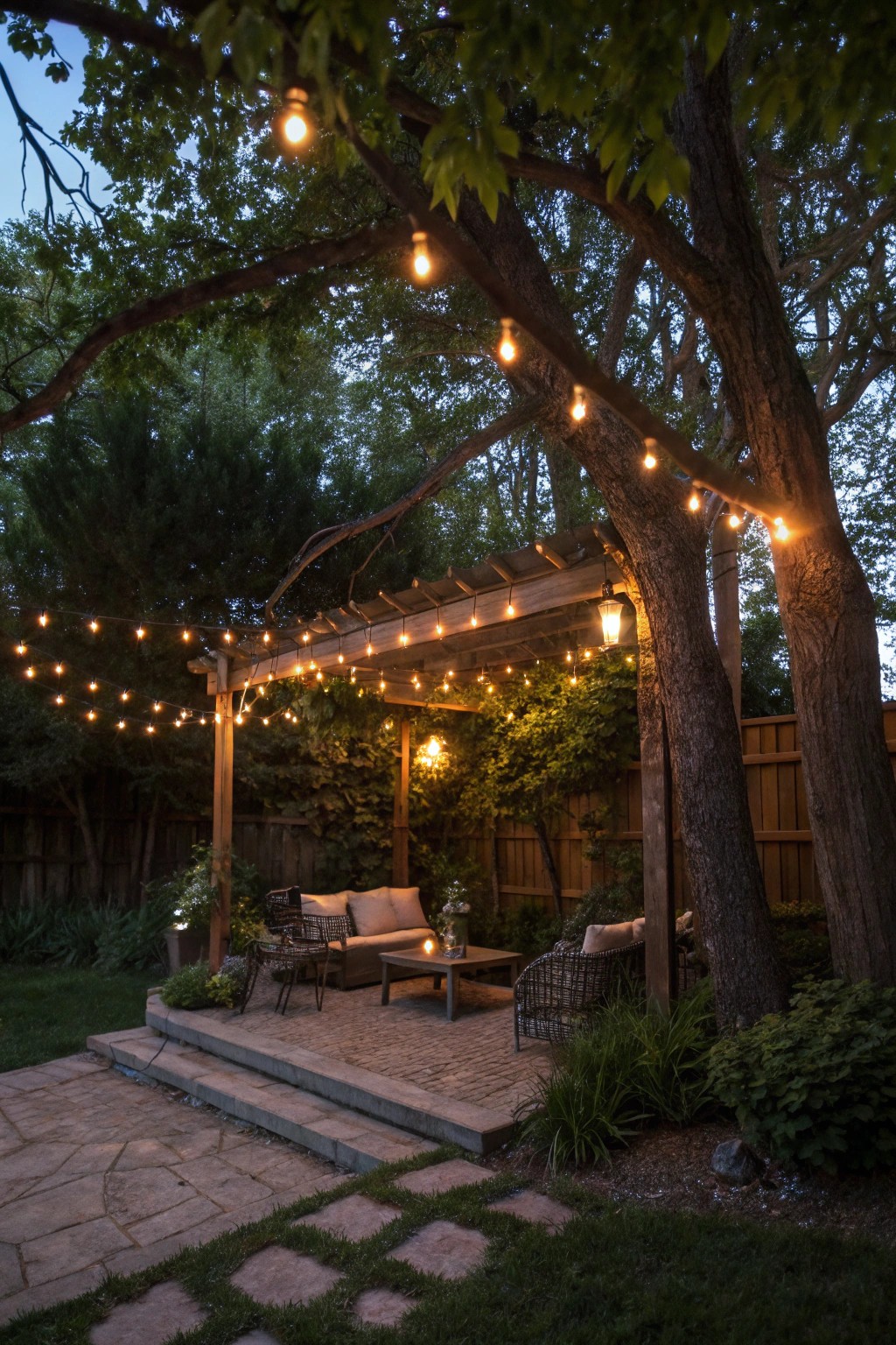 Twinkling string lights make outdoor spaces feel warm and magical after sunset.