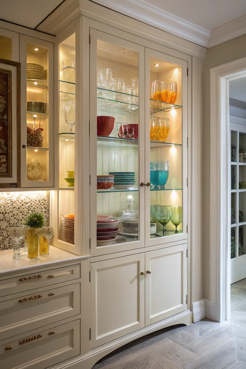 Glass-front cabinets create an elegant stage for your favorite kitchen treasures.