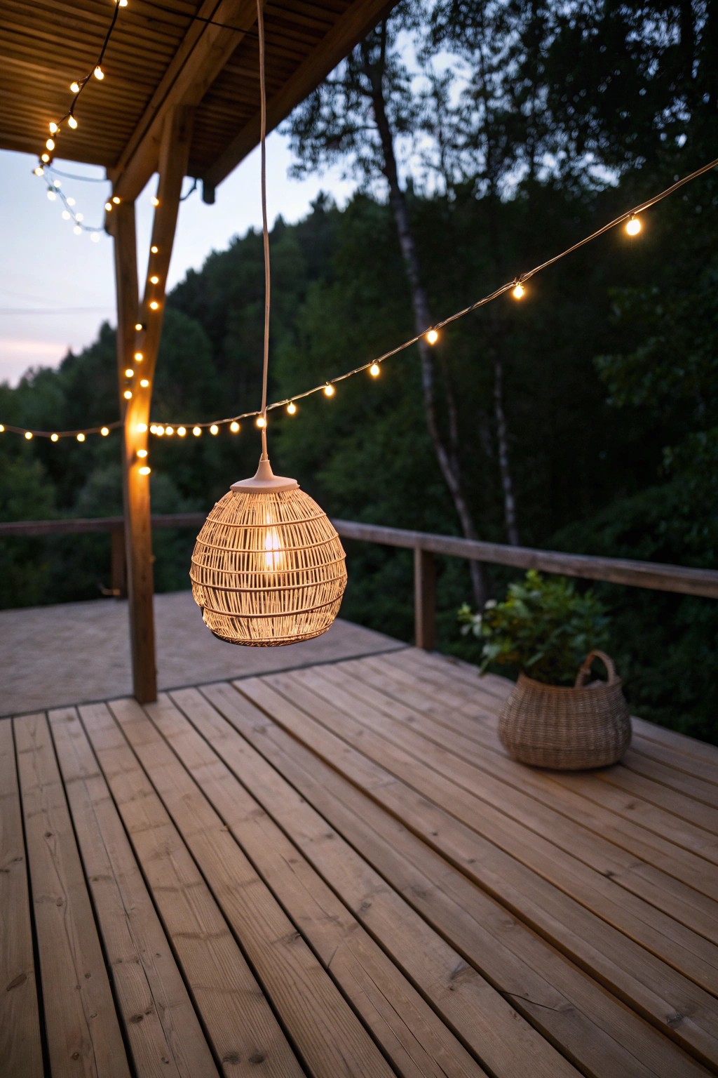 Create enchanting evenings outdoors with a handcrafted pendant lamp and simple string lights.