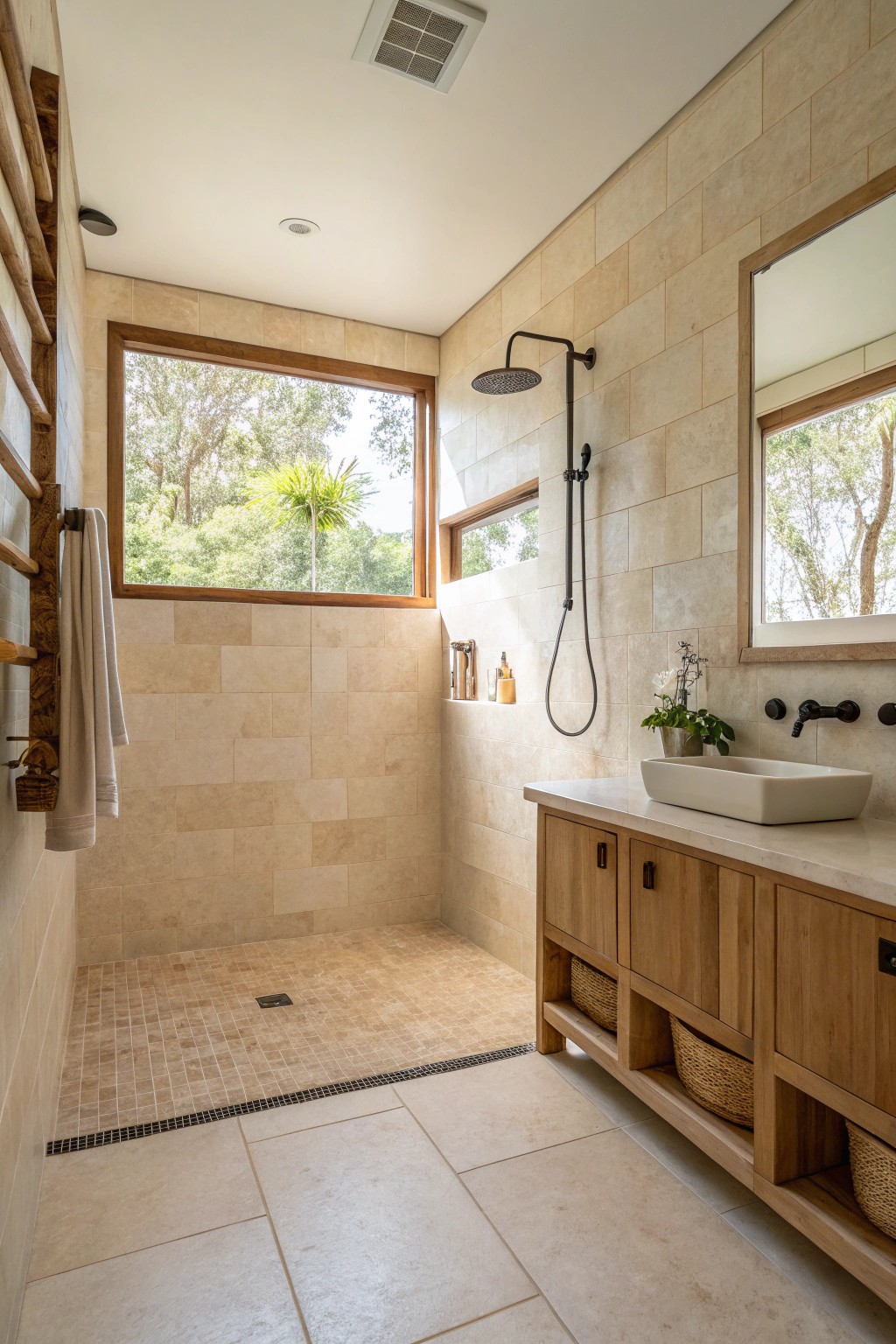 A tranquil palette of neutrals turns this curbless shower into a relaxing escape.