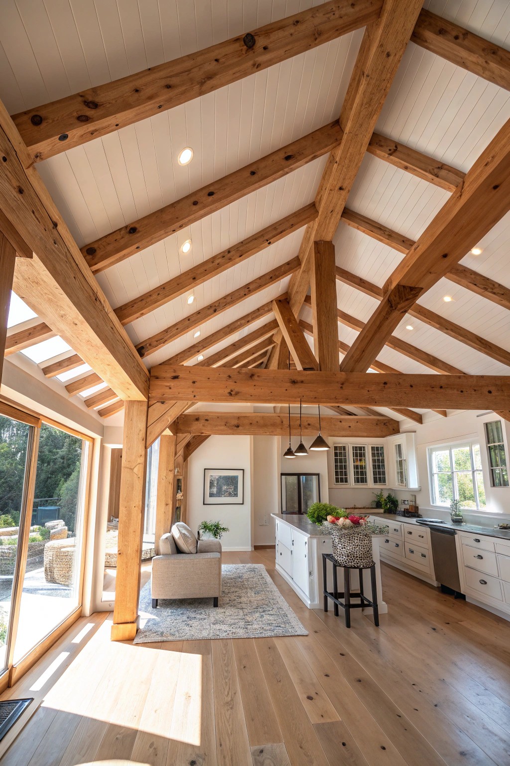 Let a stunning ceiling beam gracefully define your open space—structure meets airy elegance.