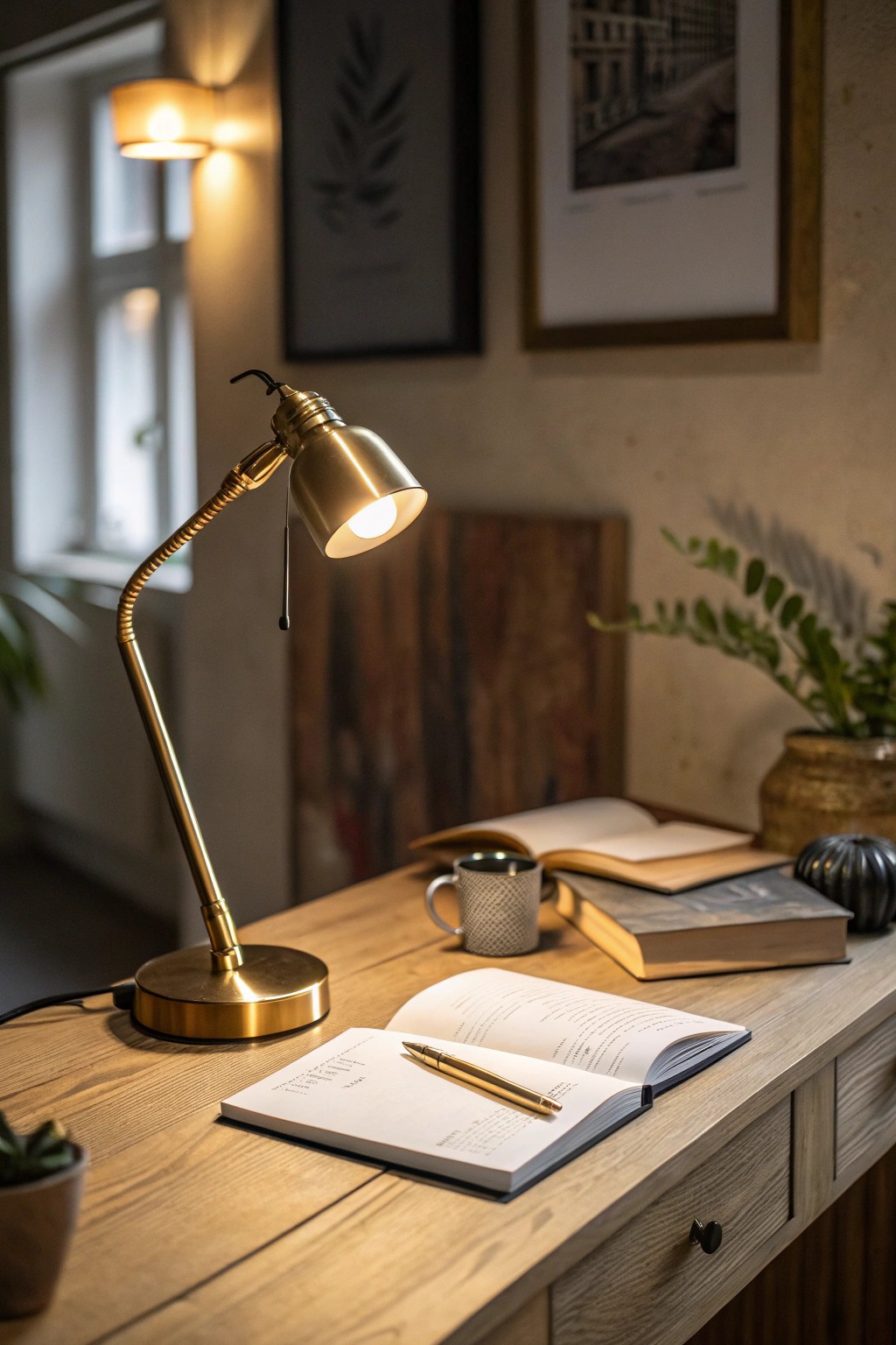 Layer your workspace lighting for a serene, gallery-inspired desk setup.
