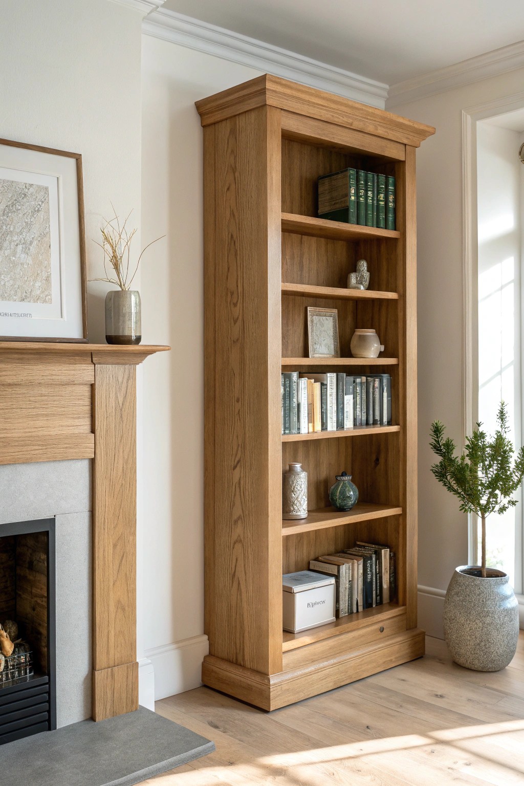 Elevate your fireplace with handcrafted built-in shelves for timeless style and cozy charm.