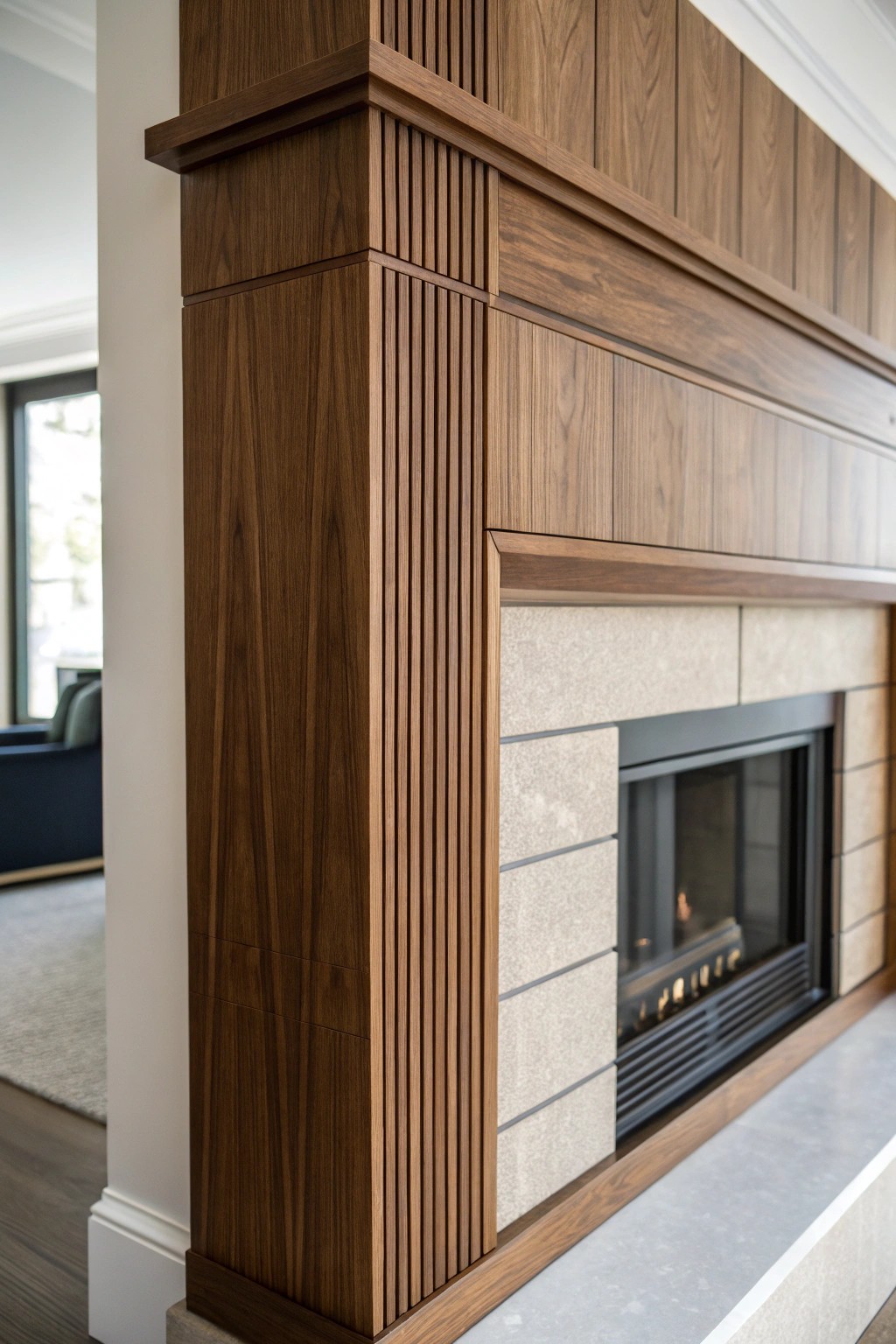 Warmth and rhythm: Layered wood paneling transforms the fireplace into a natural masterpiece.