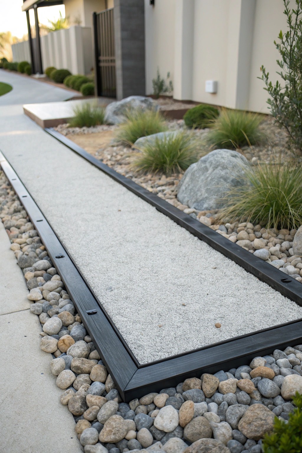 Modern gravel walkway—where geometric precision meets natural beauty.