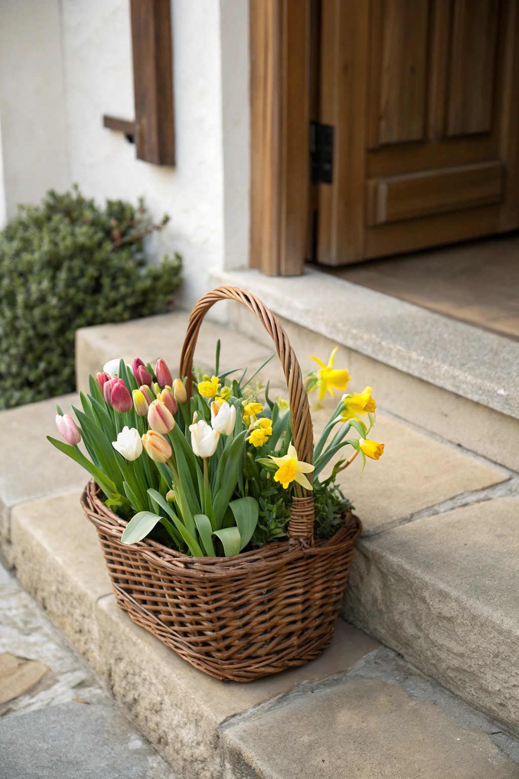 Welcome spring with a simple basket of blooming bulbs on your front steps.