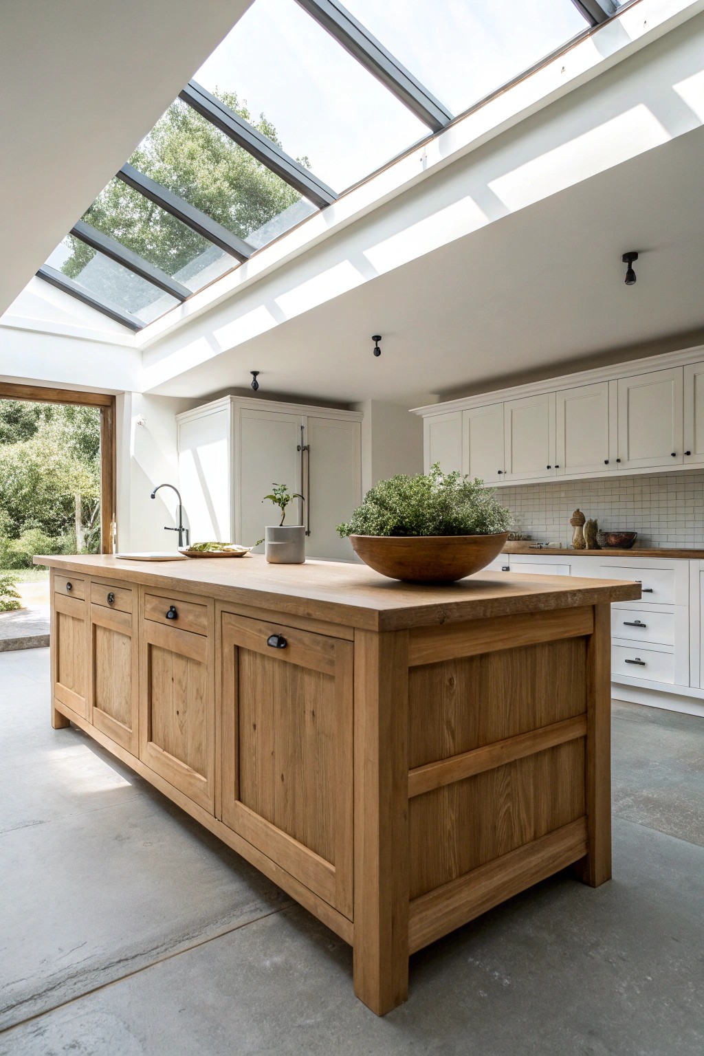 Transform your garage into a modern chef’s kitchen with a stunning natural wood island and skylit ambiance.