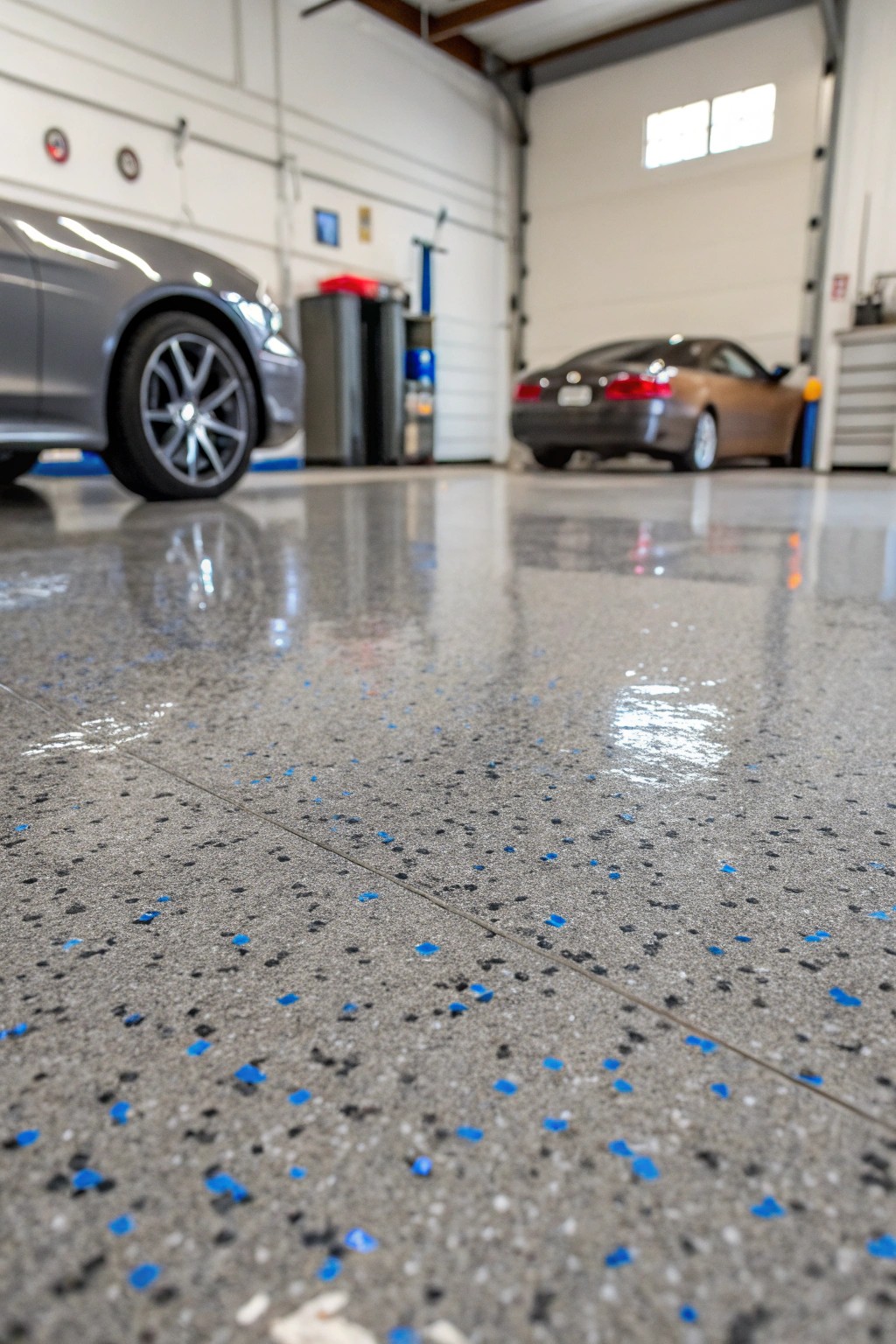 Epoxy floors with color flakes are both practical and visually striking.