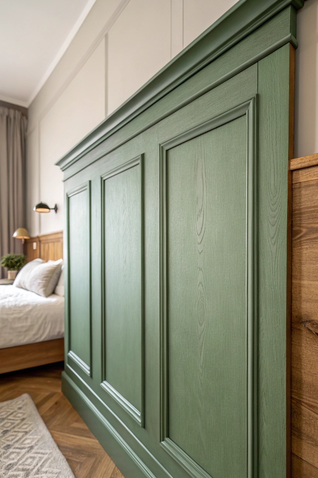 Elevate your bedroom with the natural beauty of green paneling.