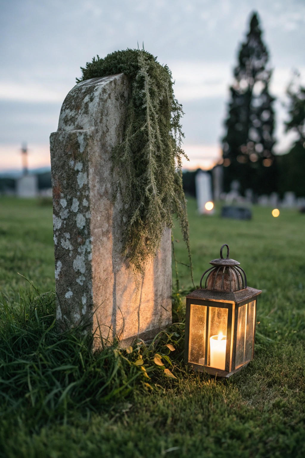 Handcrafted elegance: a simple gothic tombstone and lantern transform your lawn into a hauntingly beautiful Halloween scene.