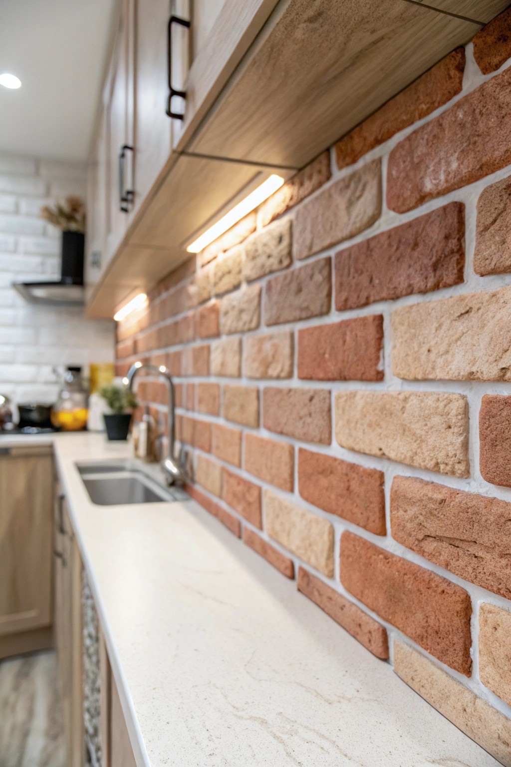 Bring urban charm to your kitchen with budget-friendly faux brick panels.