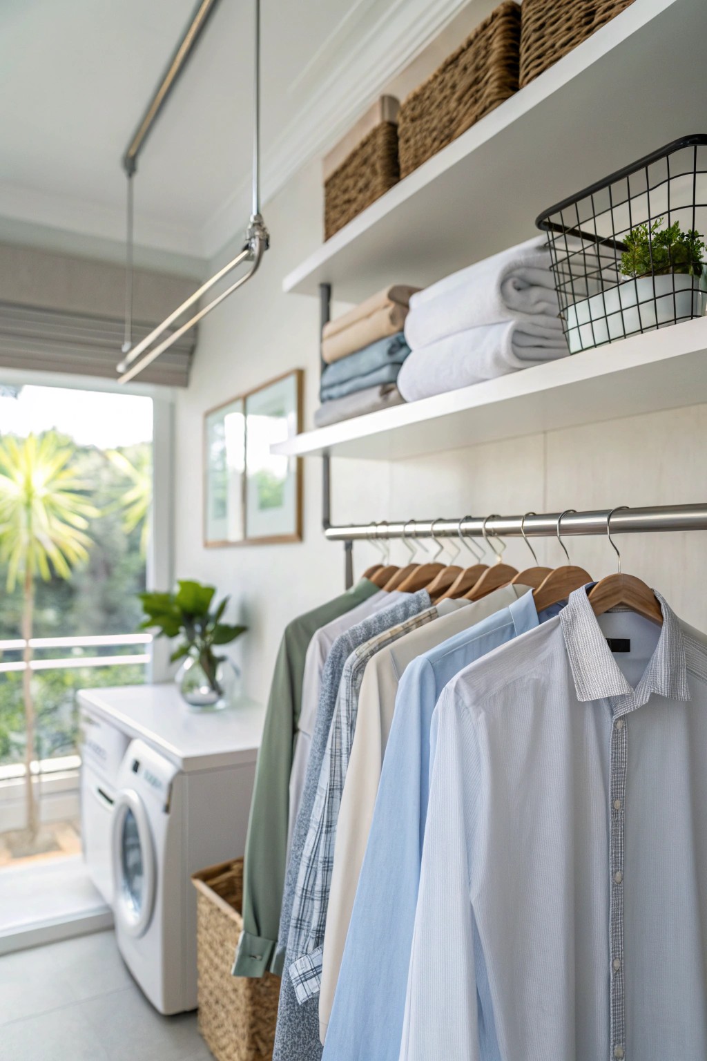 A hanging rod lets you air-dry or organize garments with ease.